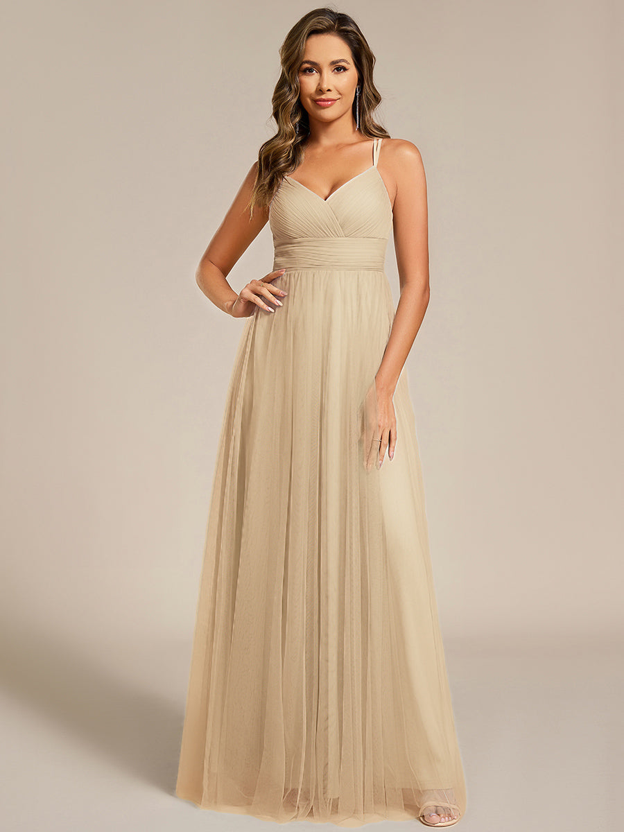 Color=champagne | Romantic Spaghetti Straps Tulle Bridesmaid Dresses with Lace Backless Crossover Halter Design-champagne