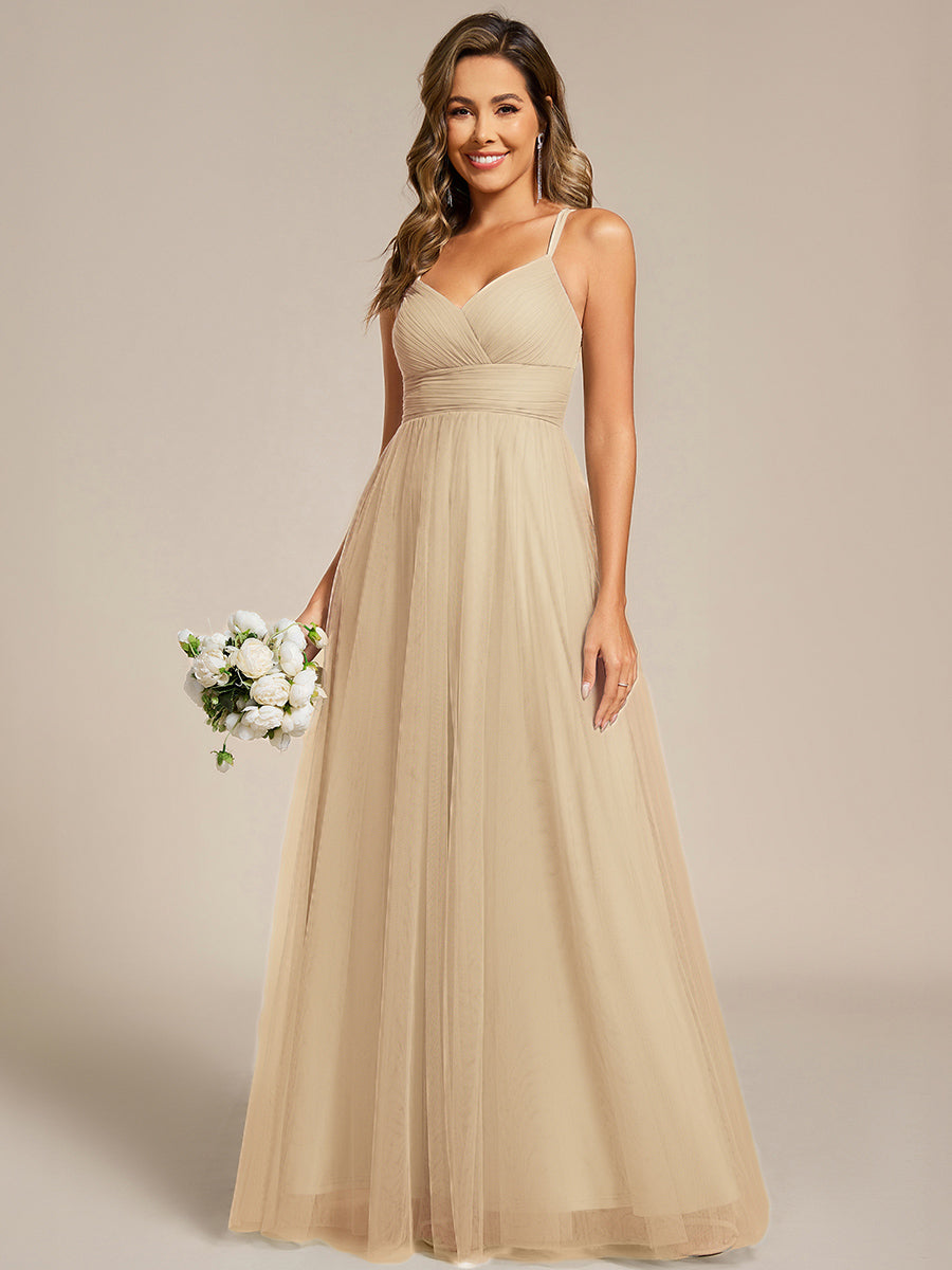Color=champagne | Romantic Spaghetti Straps Tulle Bridesmaid Dresses with Lace Backless Crossover Halter Design-champagne