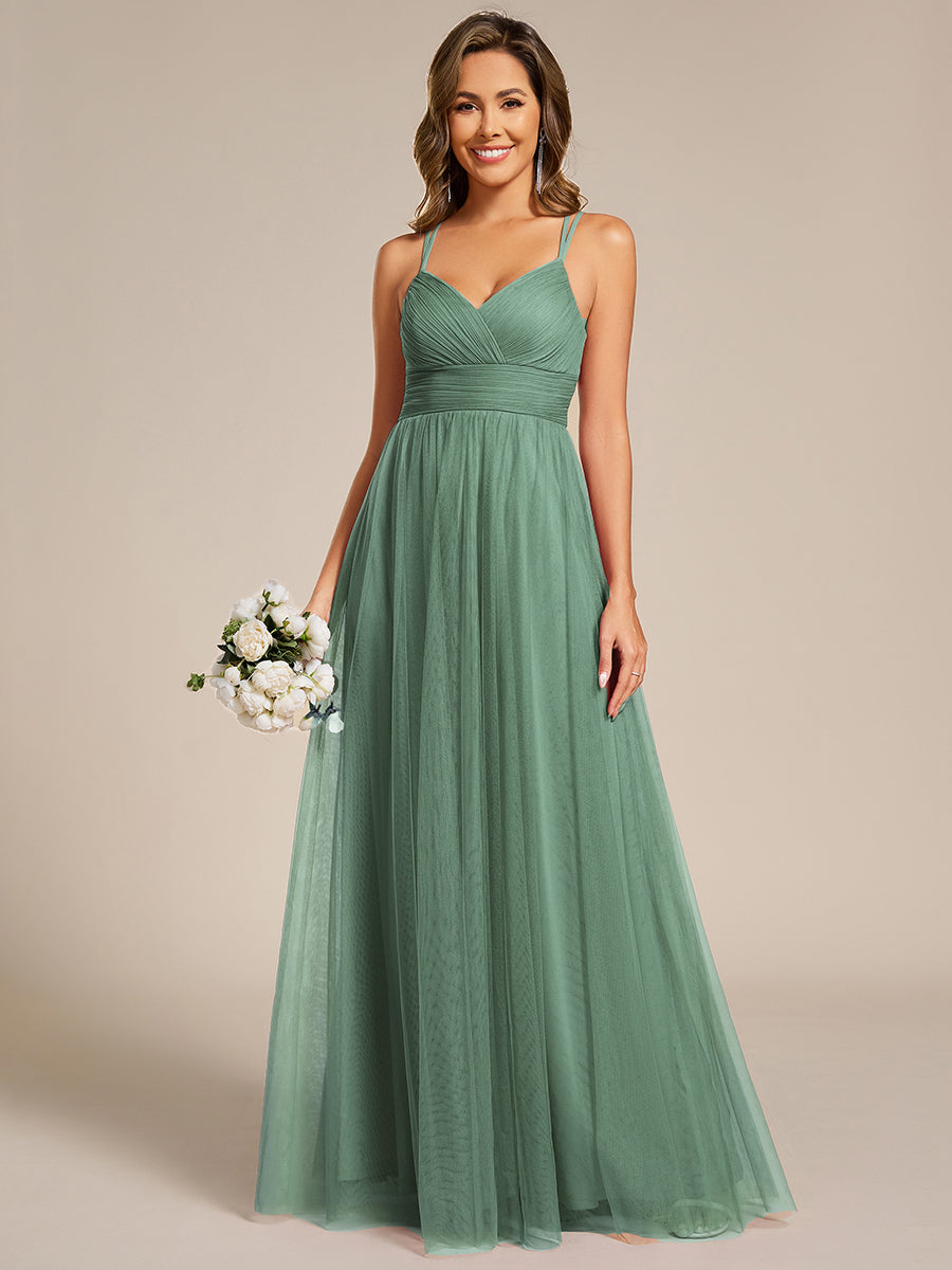 Color=Green Bean | Wholesale Sleeveless Deep V-Neck Pleated A-Line Floor Length Dress; Bridesmaid Dresses-Green Bean 1