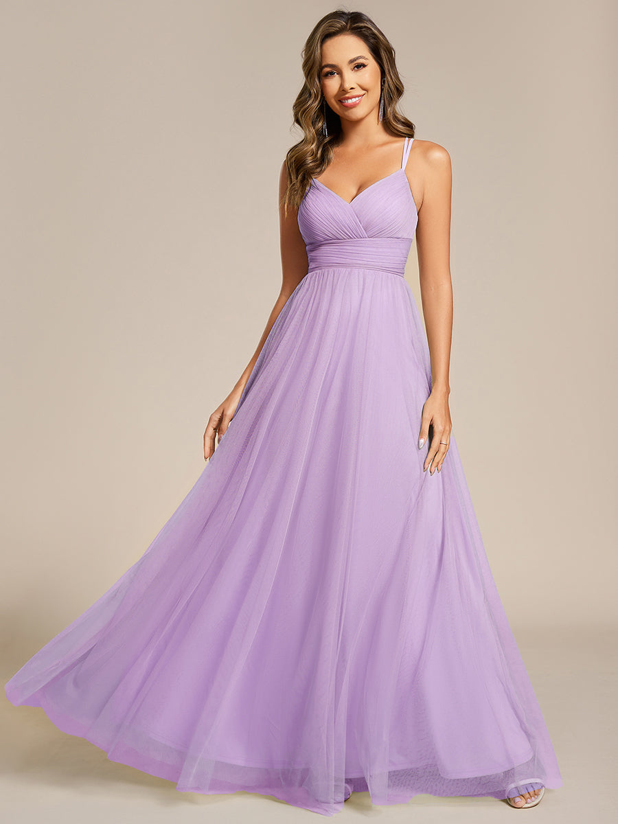 Color=Lavender | Wholesale Sleeveless Deep V-Neck Pleated A-Line Floor Length Dress; Bridesmaid Dresses-Lavender 6