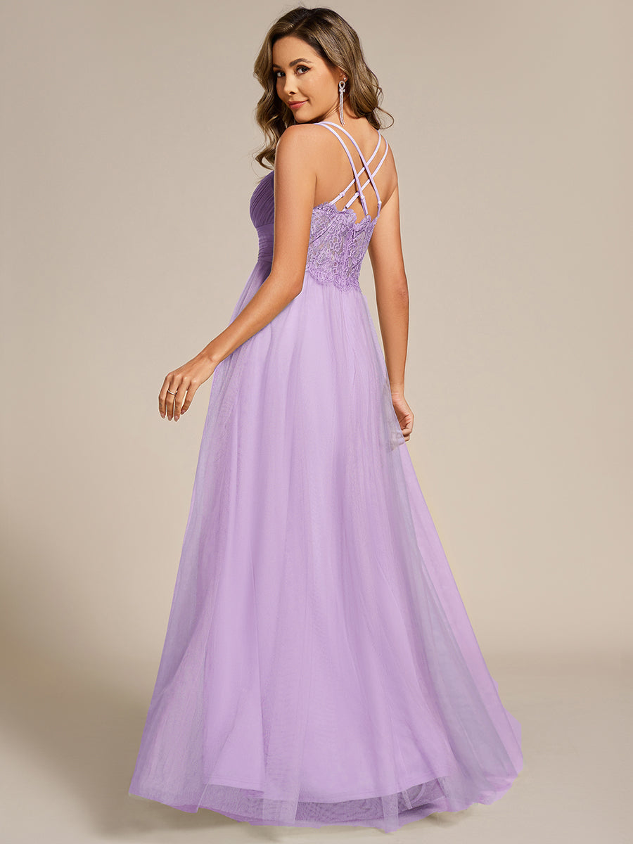 Color=Lavender | Wholesale Sleeveless Deep V-Neck Pleated A-Line Floor Length Dress; Bridesmaid Dresses-Lavender 7