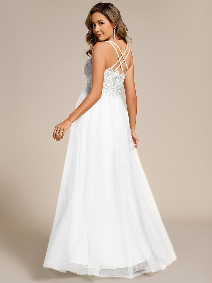 Color=white | Romantic Spaghetti Straps Tulle Bridesmaid Dresses with Lace Backless Crossover Halter Design-white