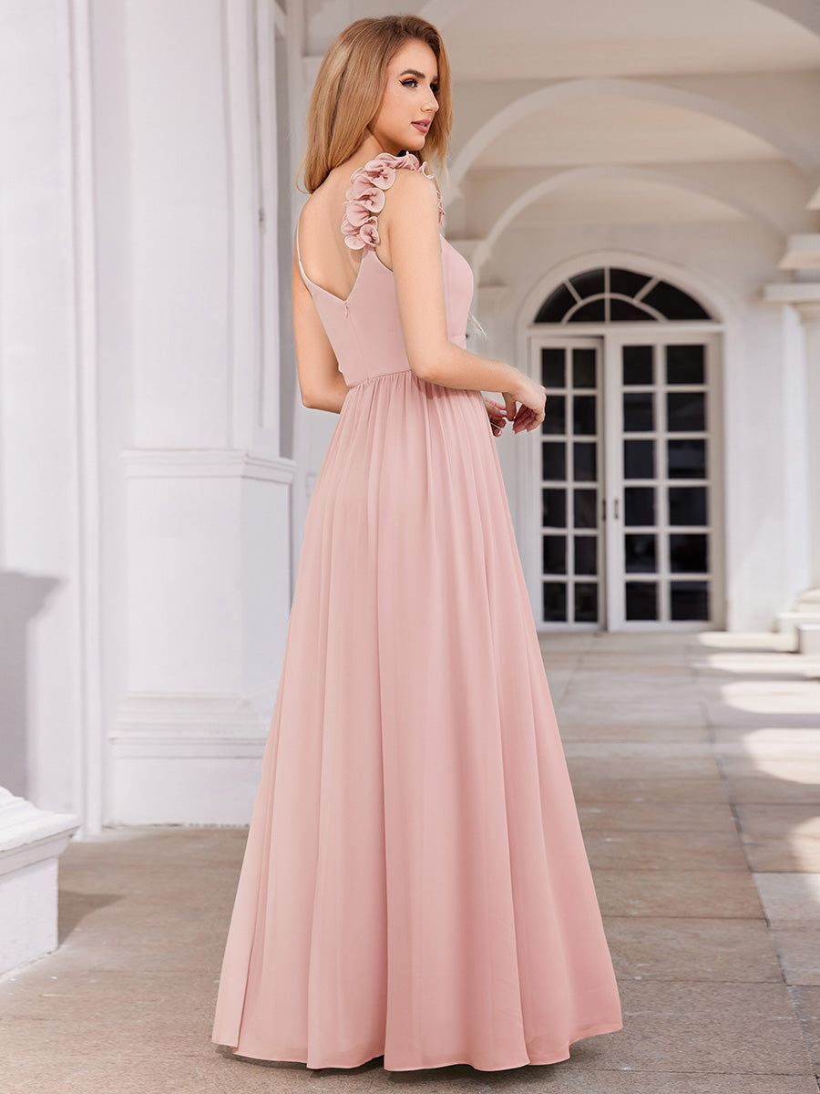 Color=Pink | Elegant Flower Decoration Spaghetti Straps Chiffon Dresses A-Line Not-padded Brides Backless maids Dress-Pink 12