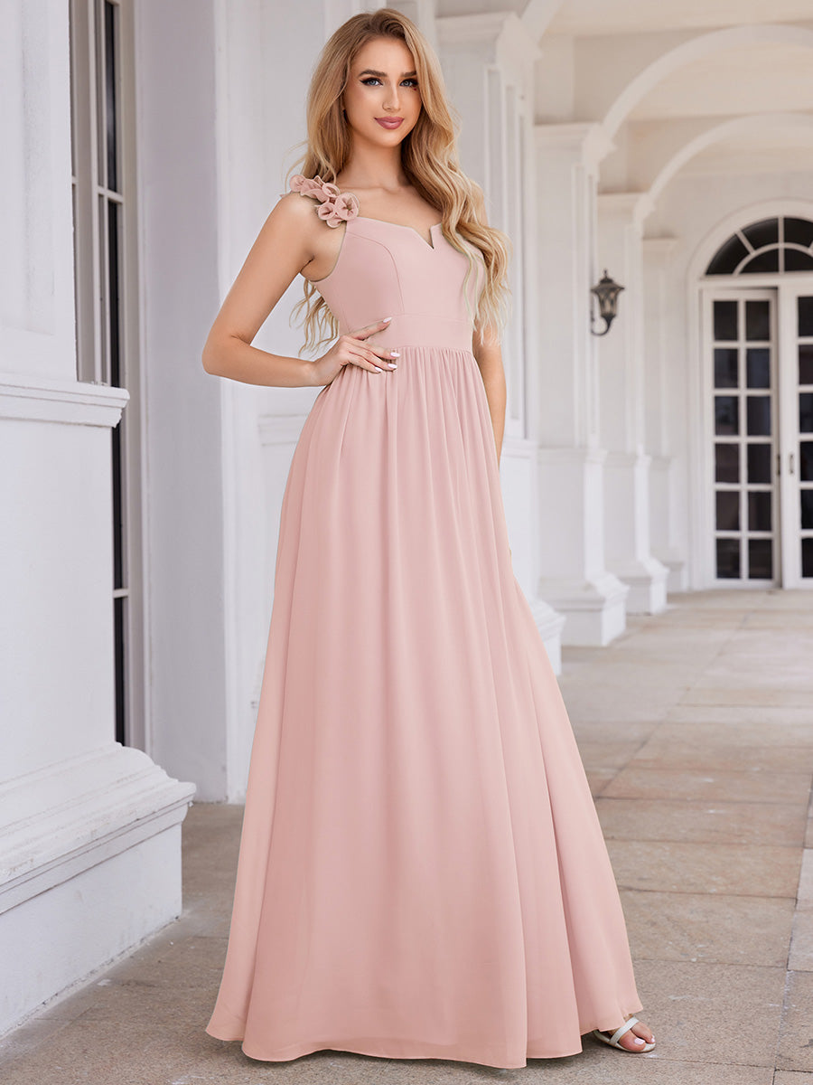 Color=Pink | Elegant Flower Decoration Spaghetti Straps Chiffon Dresses A-Line Not-padded Brides Backless maids Dress-Pink 13