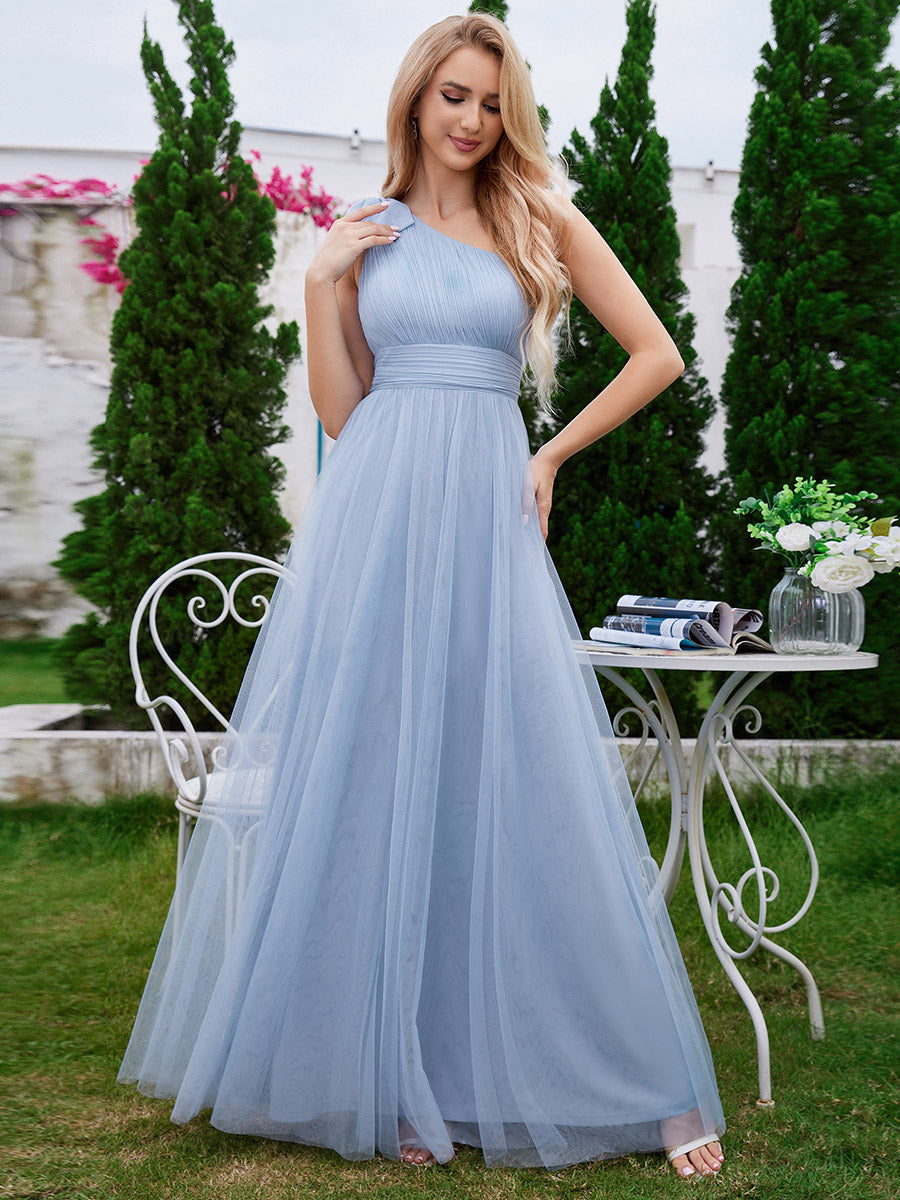 Elegant Asymmetric Shoulder Streamer Pleated decoration Tulle Dresses Elegant Asymmetric Shoulder Streamer Pleated decoration Tulle Dresses