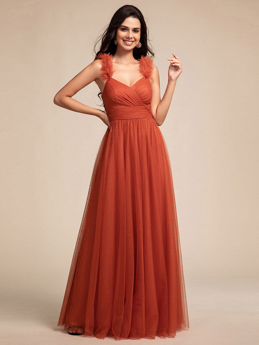Romantic Deep V Neck Flying sleeve Tulle Bridesmaid Dresses with Gold Romantic Deep V Neck Flying sleeve Tulle Bridesmaid Dresses with Gold