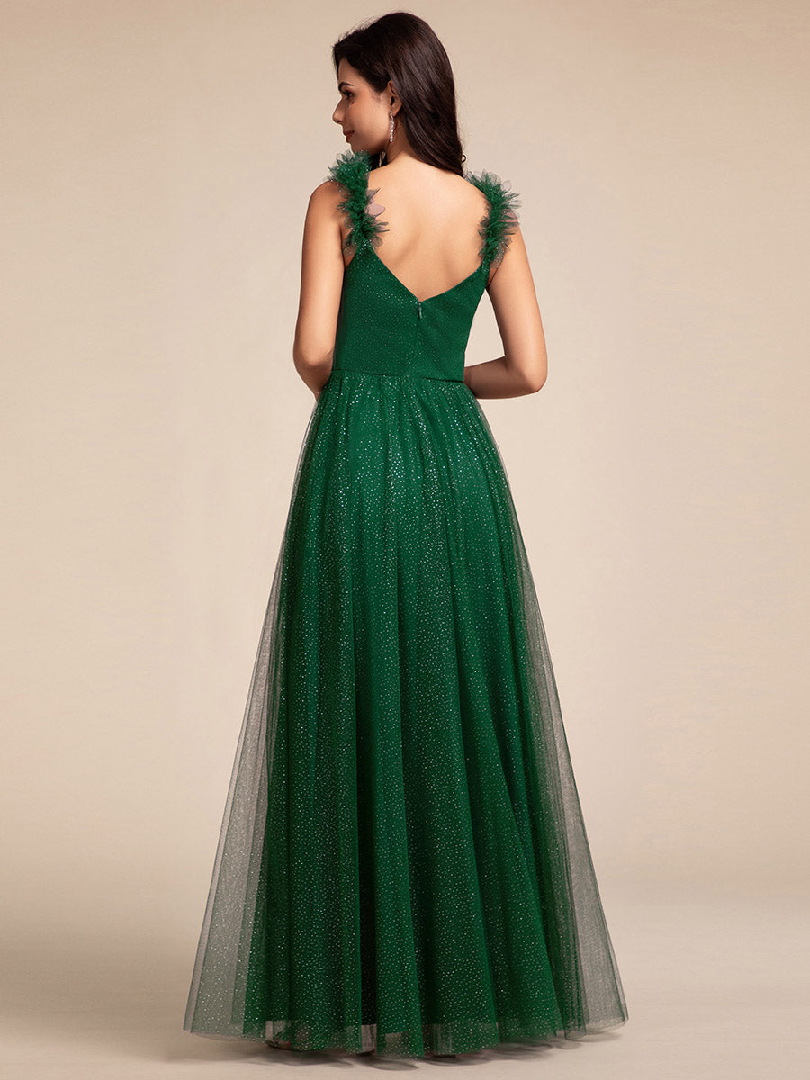 Color=Dark Green | Romantic Deep V Neck Flying sleeve Tulle Bridesmaid Dresses with Gold Stamping Pleated decoration -Dark Green 7