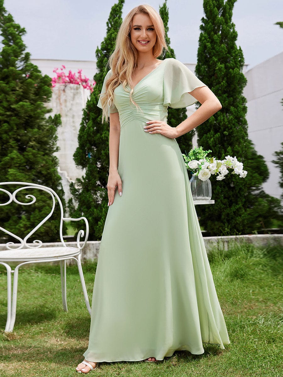 Chiffon Pleated Wholesale Bridesmaid Dress with Ruffle Short Sleeves Chiffon Pleated Wholesale Bridesmaid Dress with Ruffle Short Sleeves
