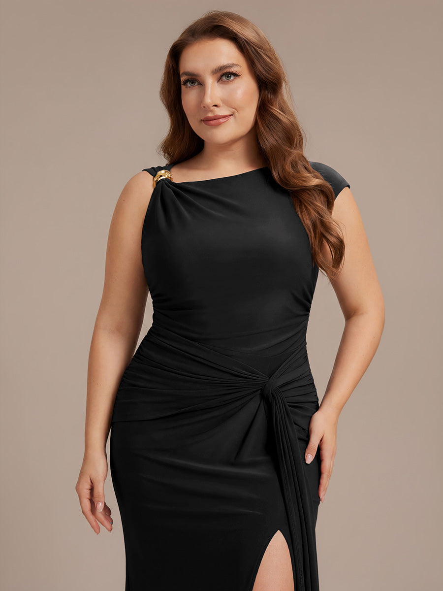 Color=Black | Fast Delivery Short Sleeve High Stretch Asymmetric Neckline A-Line Dress Tops-Black 8