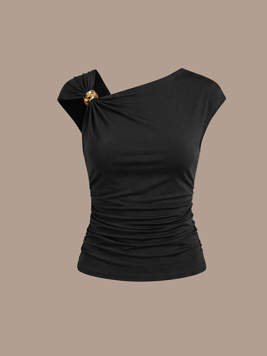 Fast Delivery Short Sleeve High Stretch Asymmetric Neckline A-Line Dress Tops