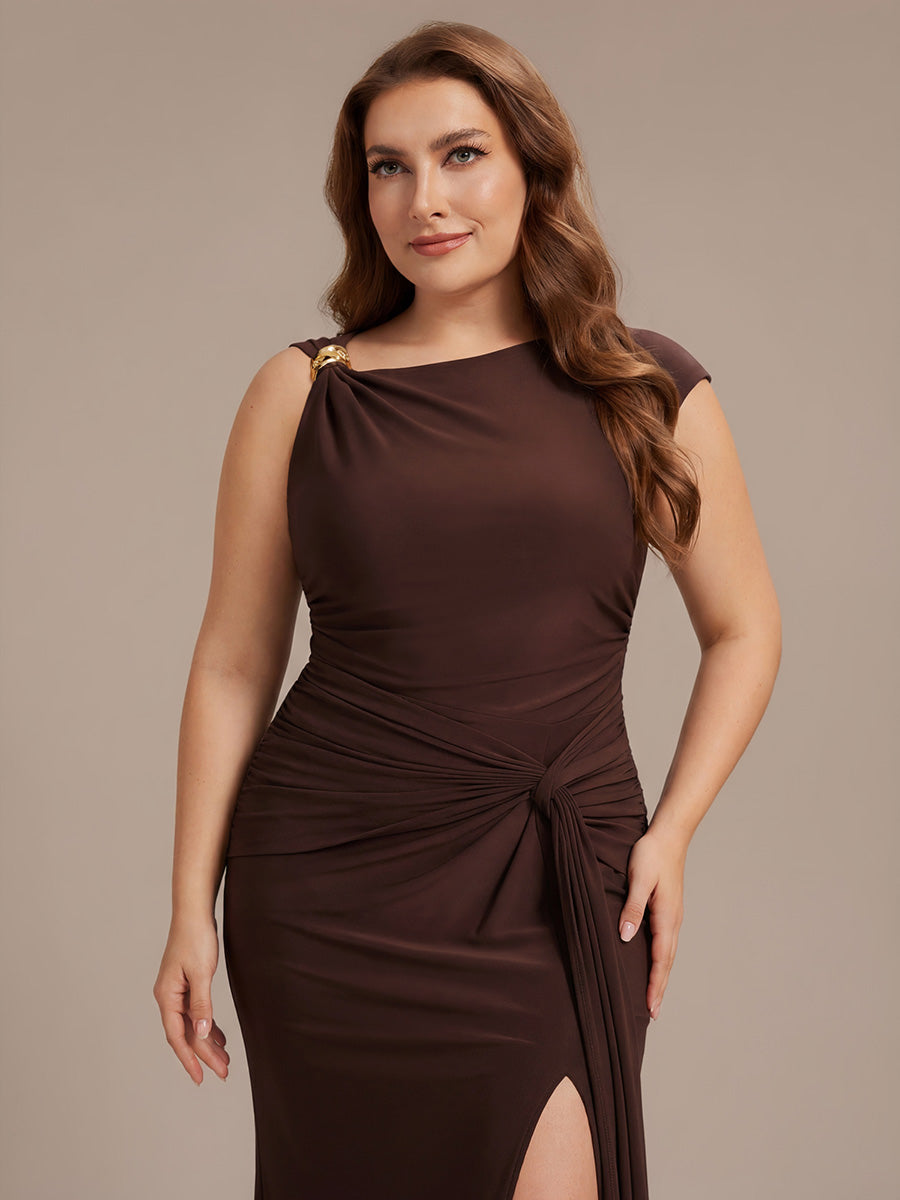 Color=Chocolate Brown | Fast Delivery Short Sleeve High Stretch Asymmetric Neckline A-Line Dress Tops-Chocolate Brown 18