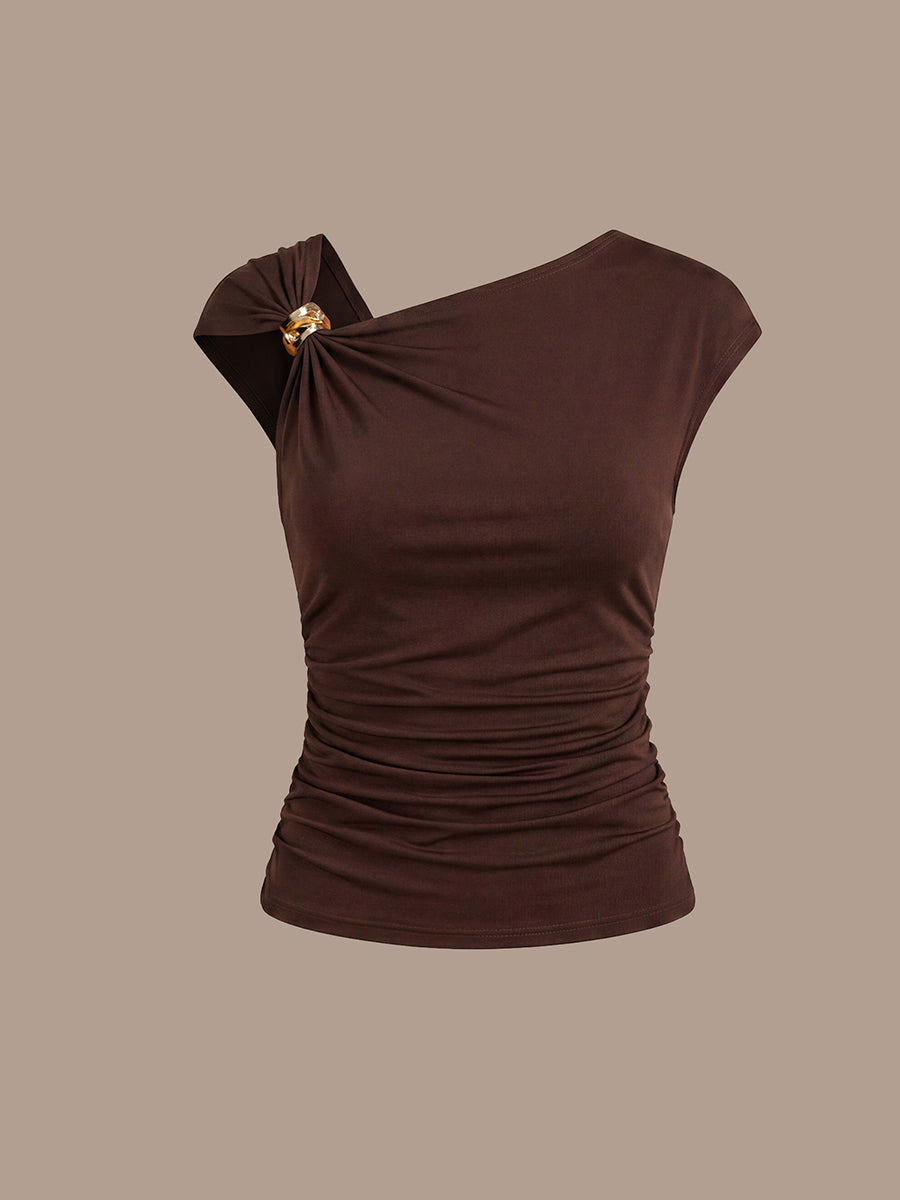 Fast Delivery Short Sleeve High Stretch Asymmetric Neckline A-Line Dress Tops