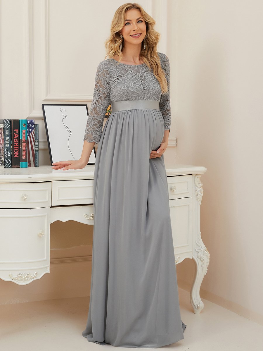 Color=Grey | Round Neck A-Line Floor-Length Wholesale Maternity Dresses-Grey 3