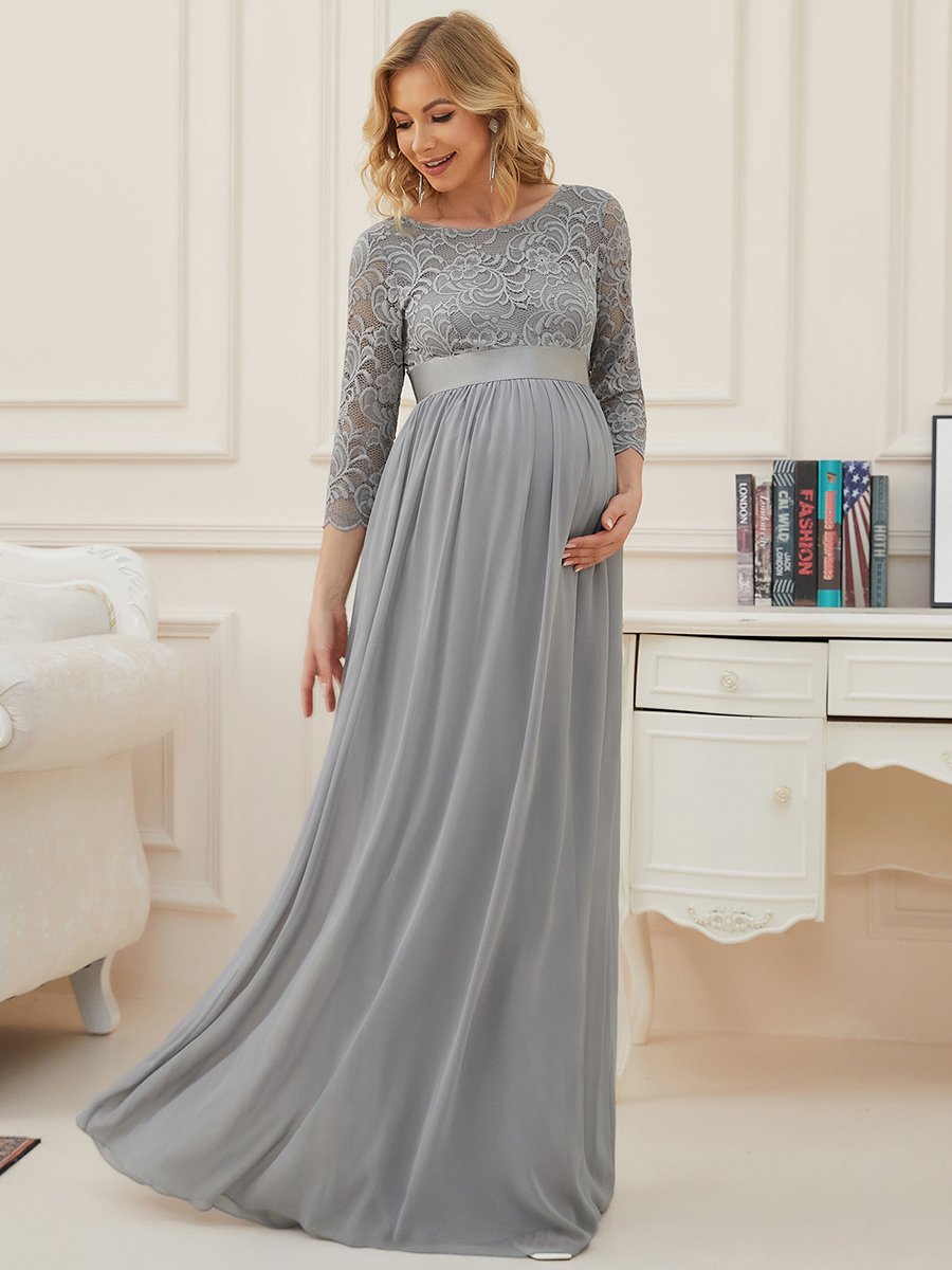 Color=Grey | Round Neck A-Line Floor-Length Wholesale Maternity Dresses-Grey 4