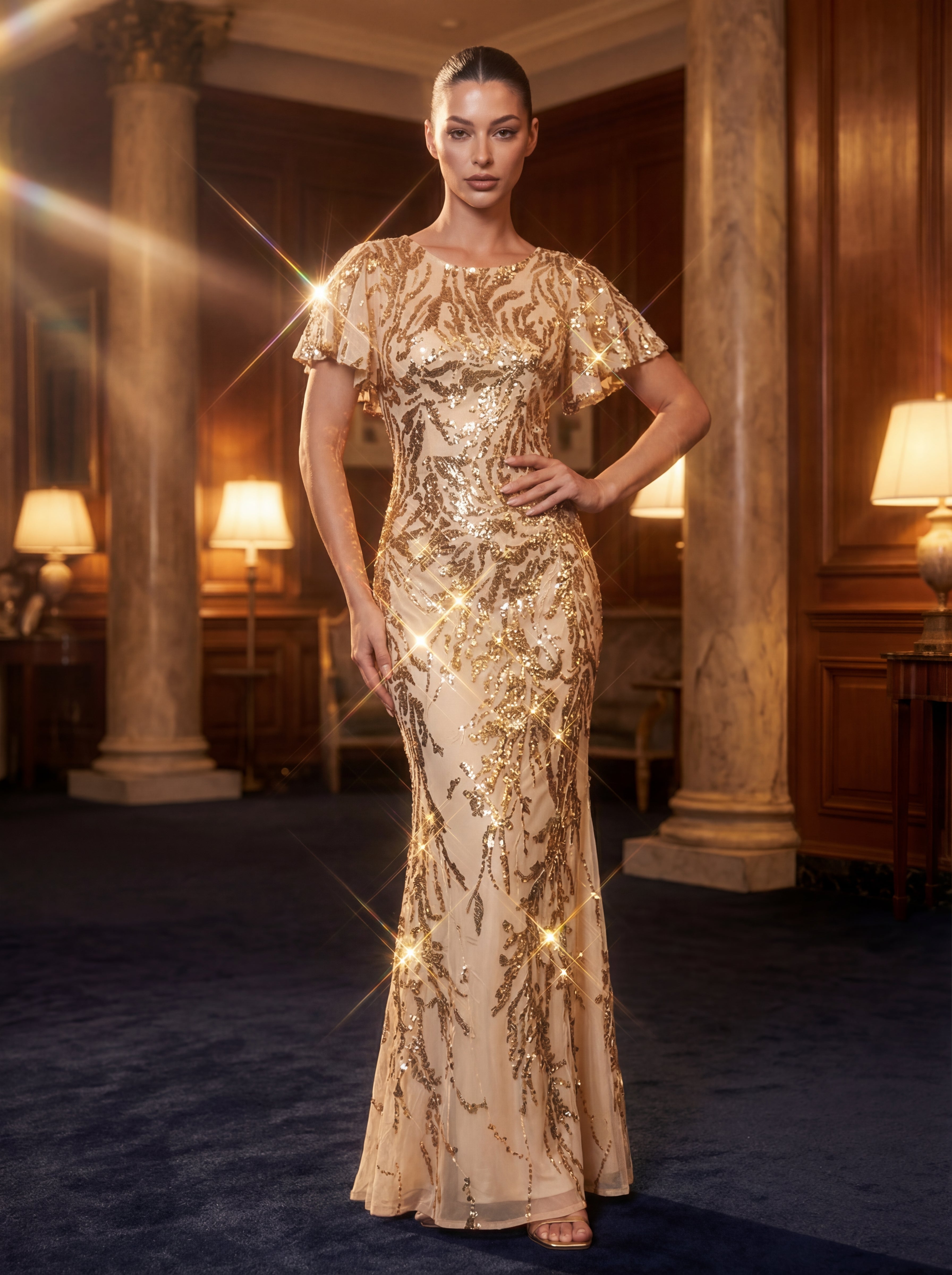 Volume Discounts Short Sleeve Sequin Fishtail High Stretch Round Neck Evening Dresses