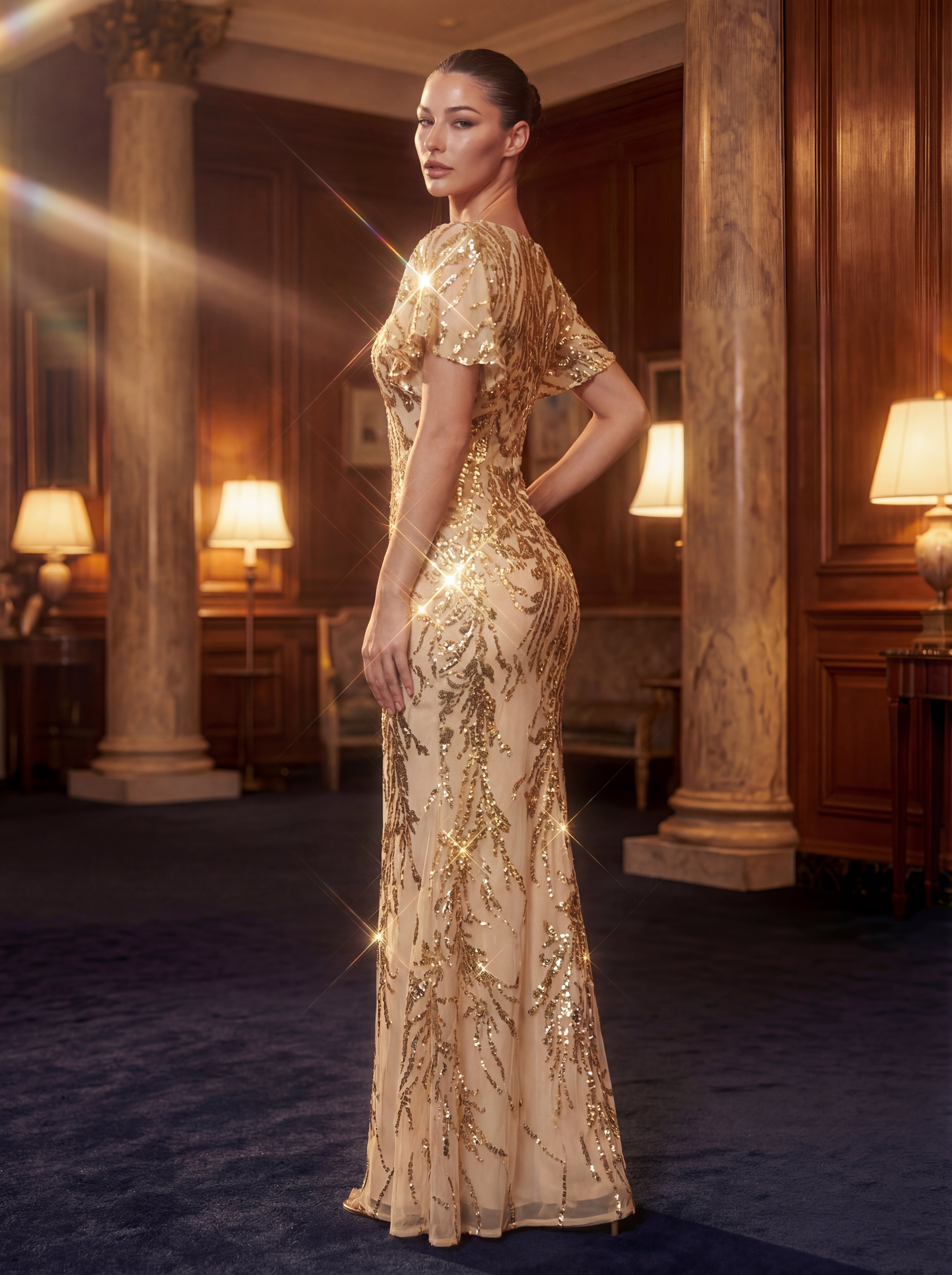 Volume Discounts Short Sleeve Sequin Fishtail High Stretch Round Neck Evening Dresses