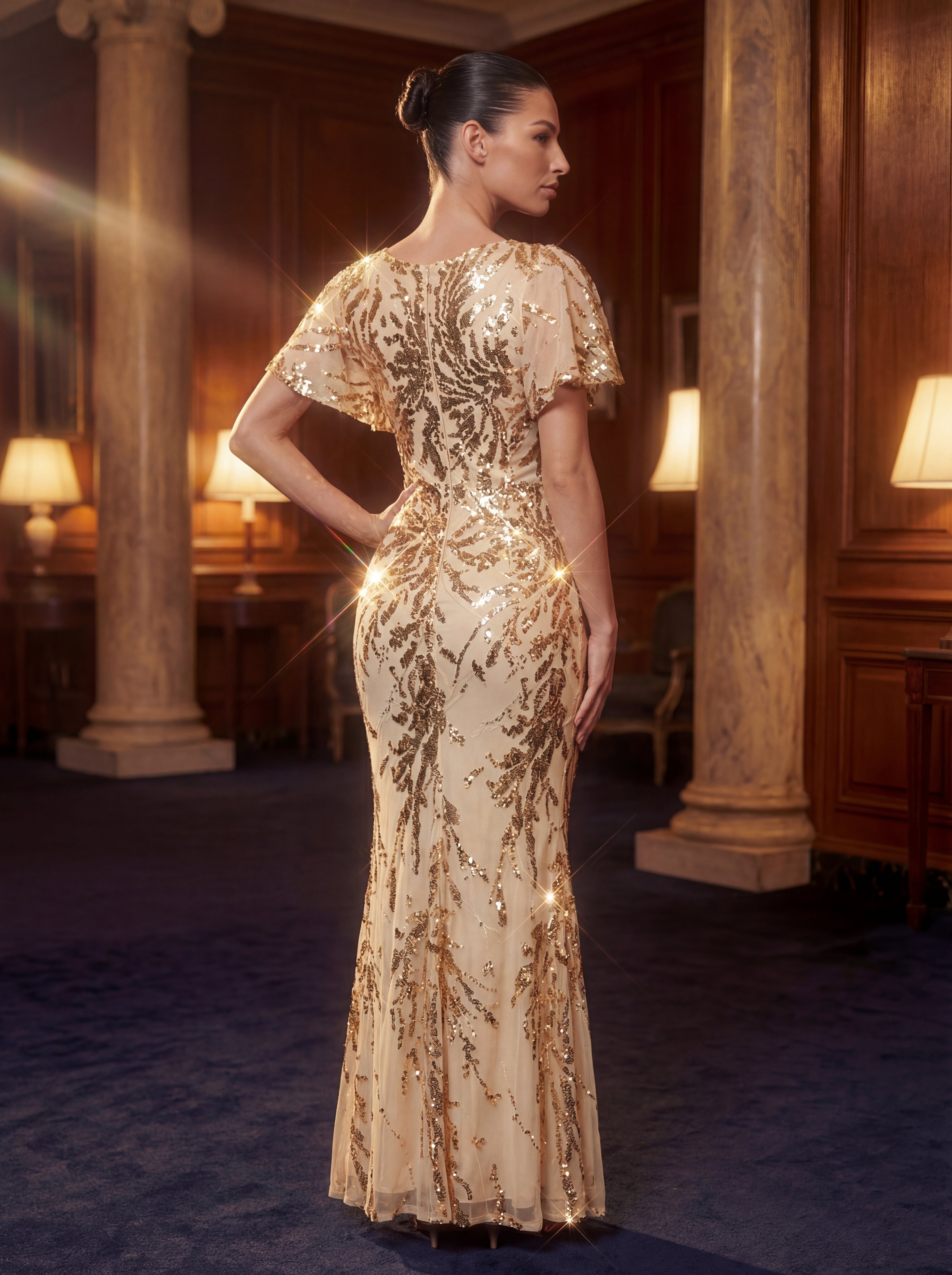 Volume Discounts Short Sleeve Sequin Fishtail High Stretch Round Neck Evening Dresses