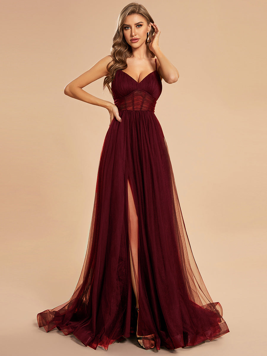 Color=Burgundy | See Through Spaghetti Strap High Split Tulle Wholesale Evening Dress-Burgundy 3