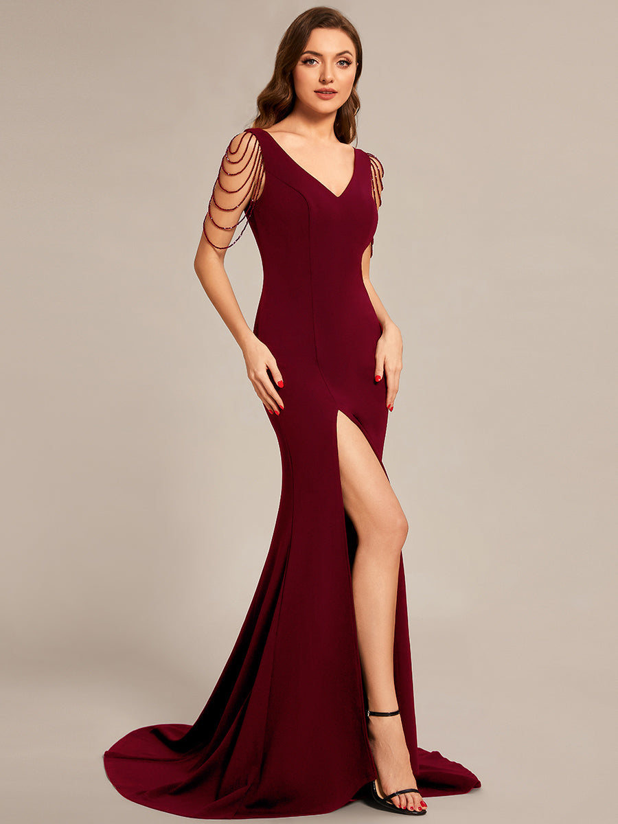 Color=Burgundy | Maxi Long V Neck Sleeveless Beaded V Neck Wholesale Evening Dress-Burgundy 5