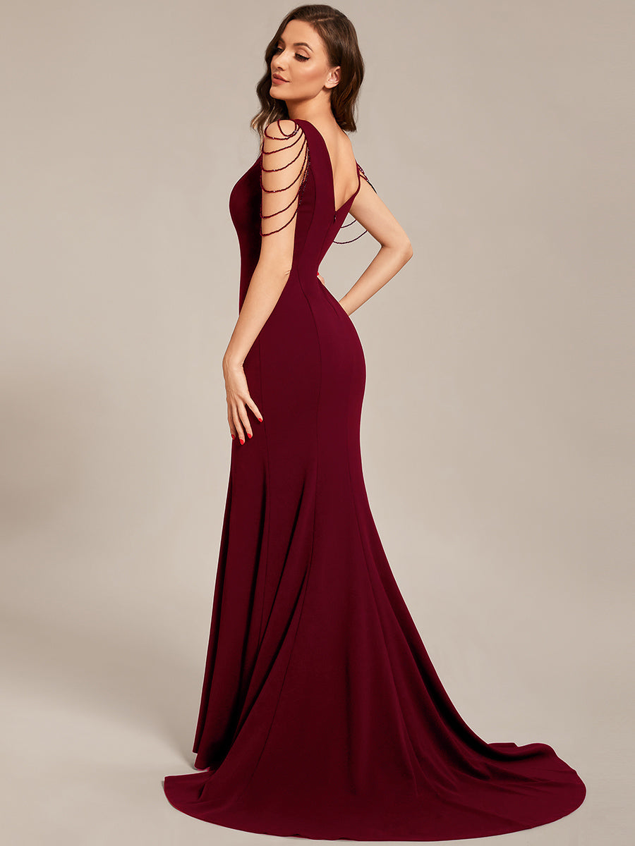 Color=Burgundy | Maxi Long V Neck Sleeveless Beaded V Neck Wholesale Evening Dress-Burgundy 4