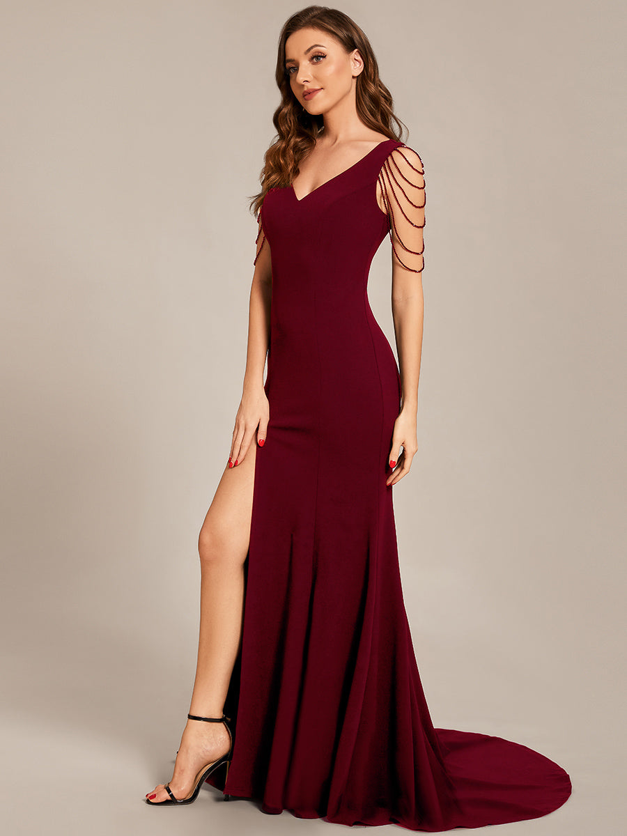 Color=Burgundy | Maxi Long V Neck Sleeveless Beaded V Neck Wholesale Evening Dress-Burgundy 1