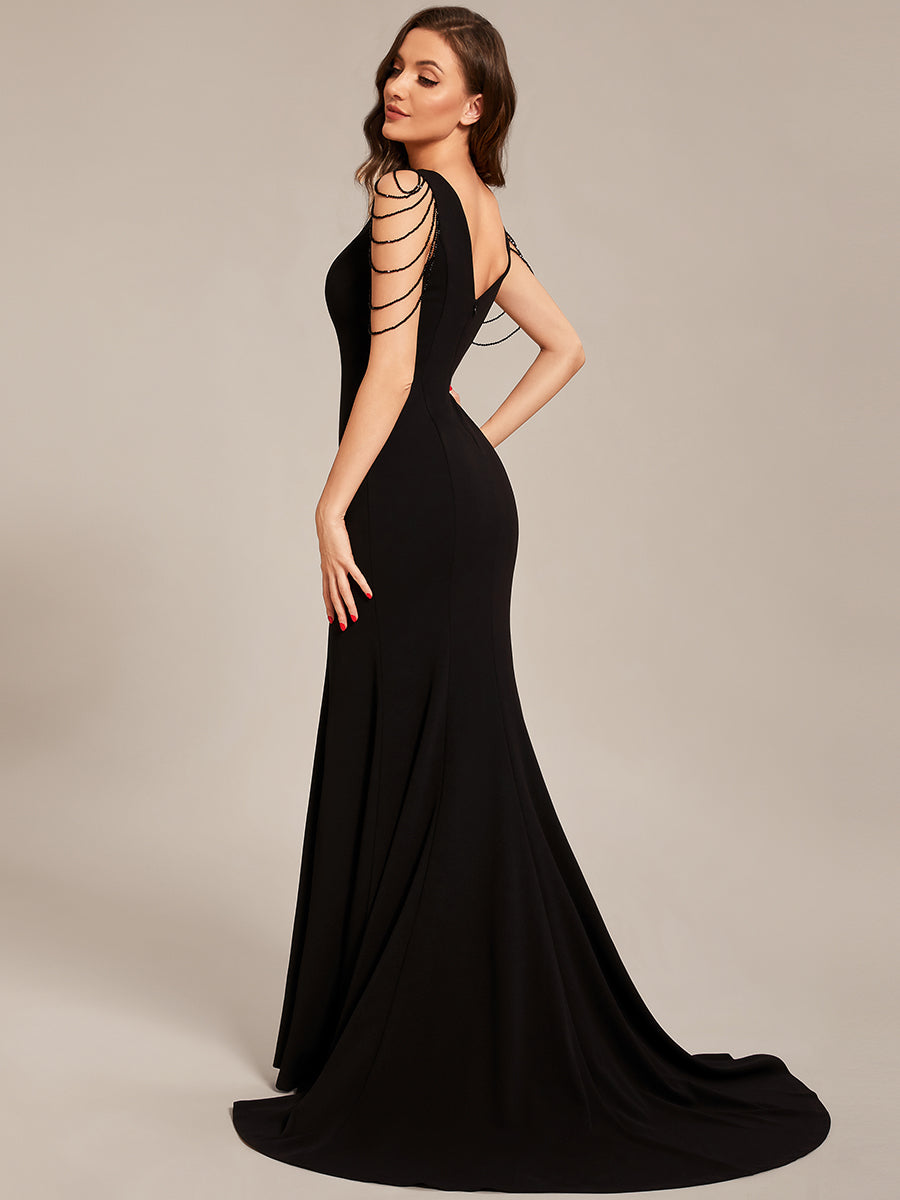 Color=Black | Maxi Long V Neck Sleeveless Beaded V Neck Wholesale Evening Dress-Black 9