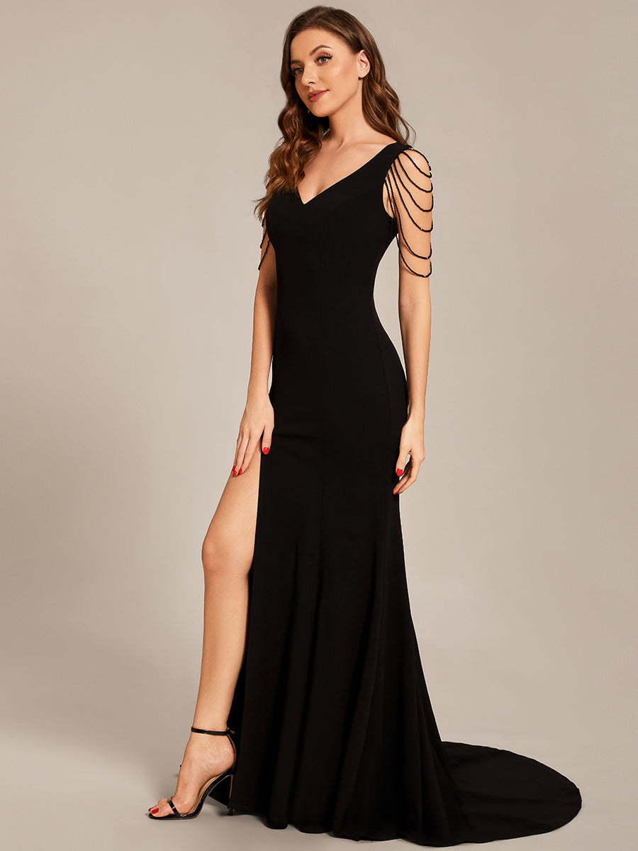 Color=Black | Maxi Long V Neck Sleeveless Beaded V Neck Wholesale Evening Dress-Black 10