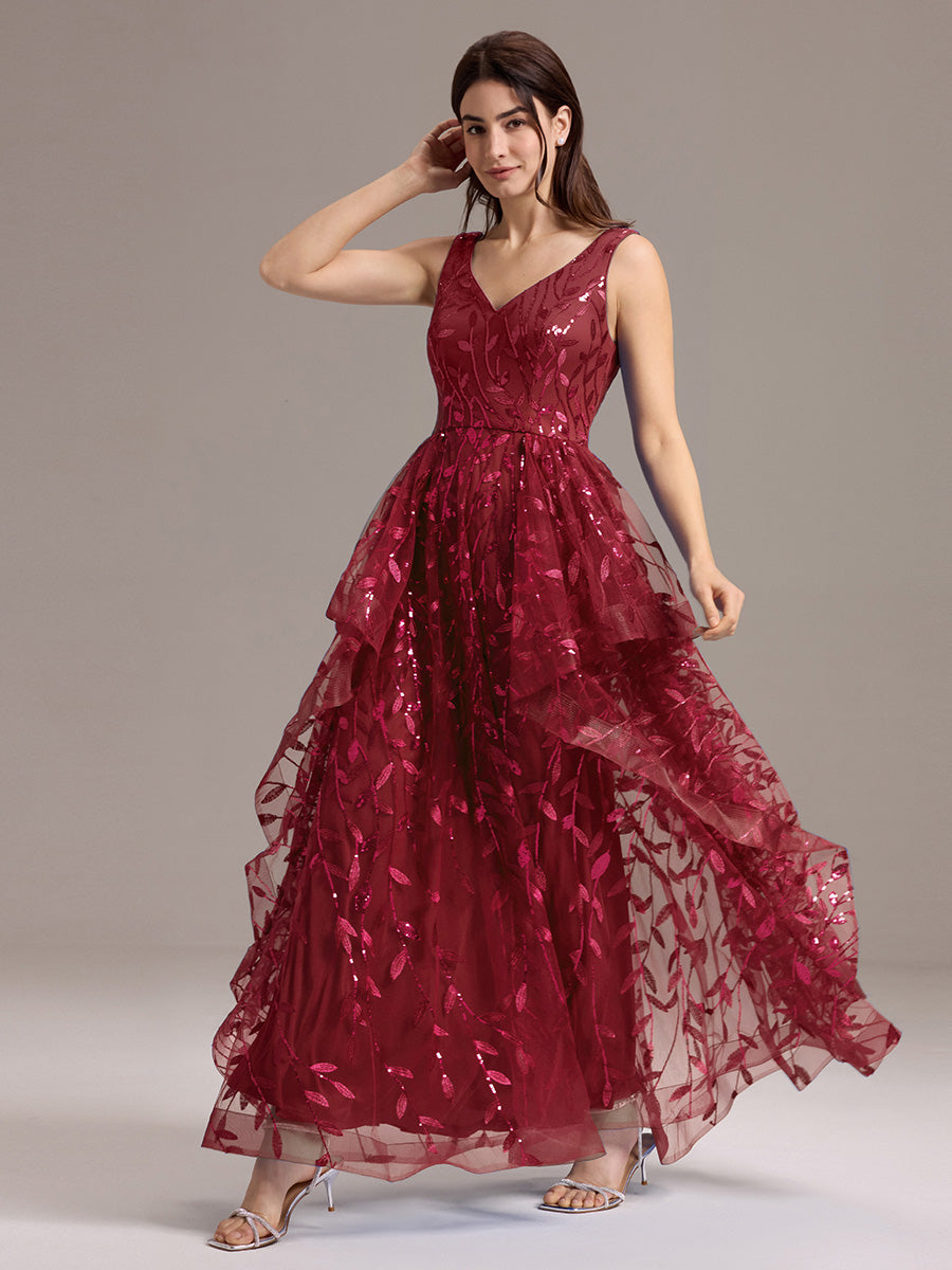 Double V-Neck A-Line Layered Sequin Formal Dress #color_Burgundy