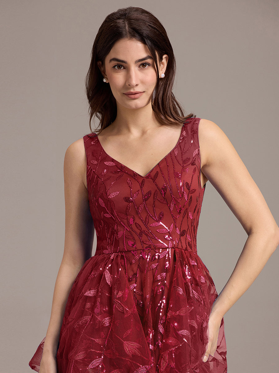 Double V-Neck A-Line Layered Sequin Formal Dress #color_Burgundy