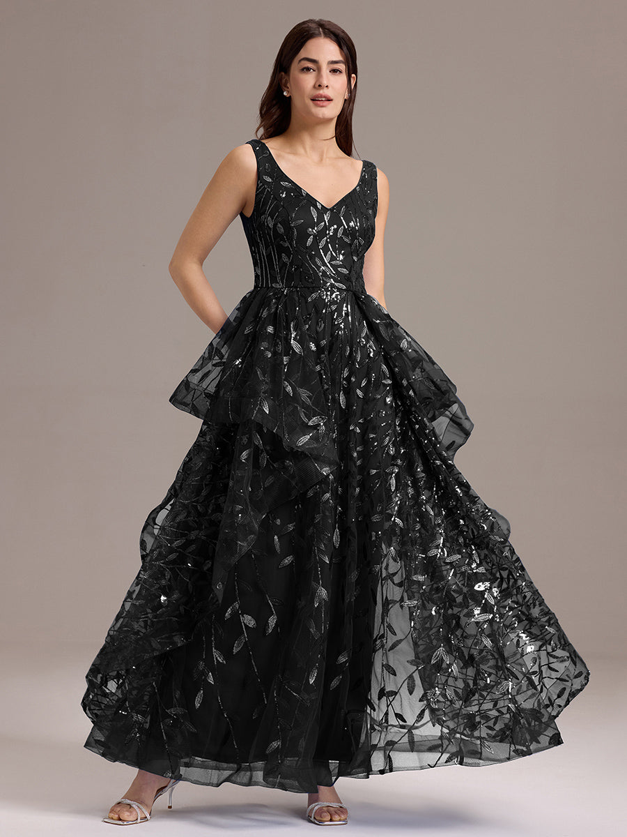 Double V-Neck A-Line Layered Sequin Formal Dress #color_Black