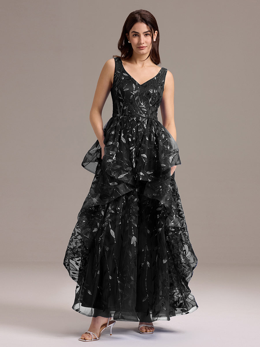 Double V-Neck A-Line Layered Sequin Formal Dress #color_Black