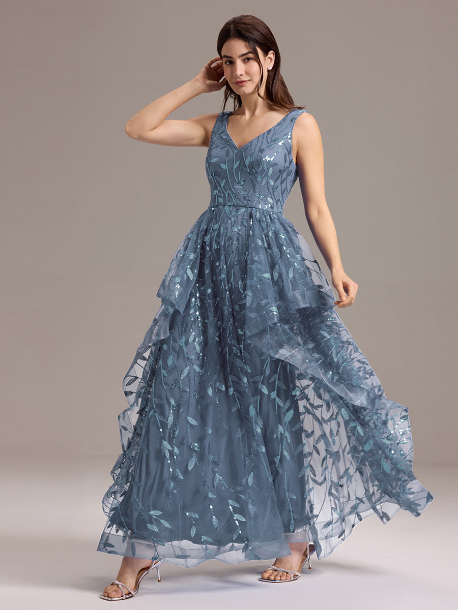 Double V-Neck A-Line Layered Sequin Formal Dress #color_Dusty Blue