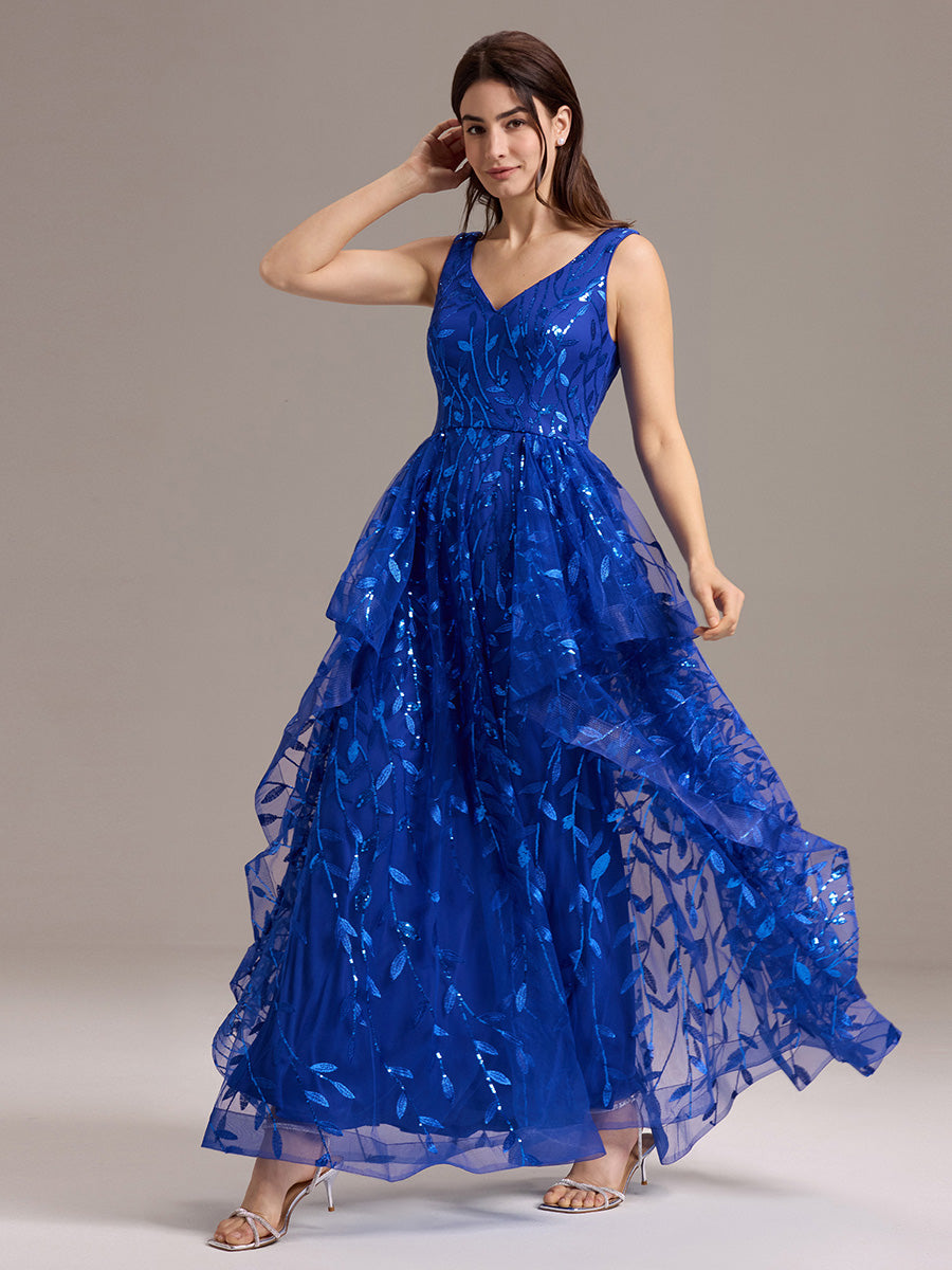 Double V-Neck A-Line Layered Sequin Formal Dress #color_Sapphire Blue