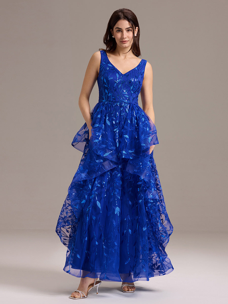 Double V-Neck A-Line Layered Sequin Formal Dress #color_Sapphire Blue