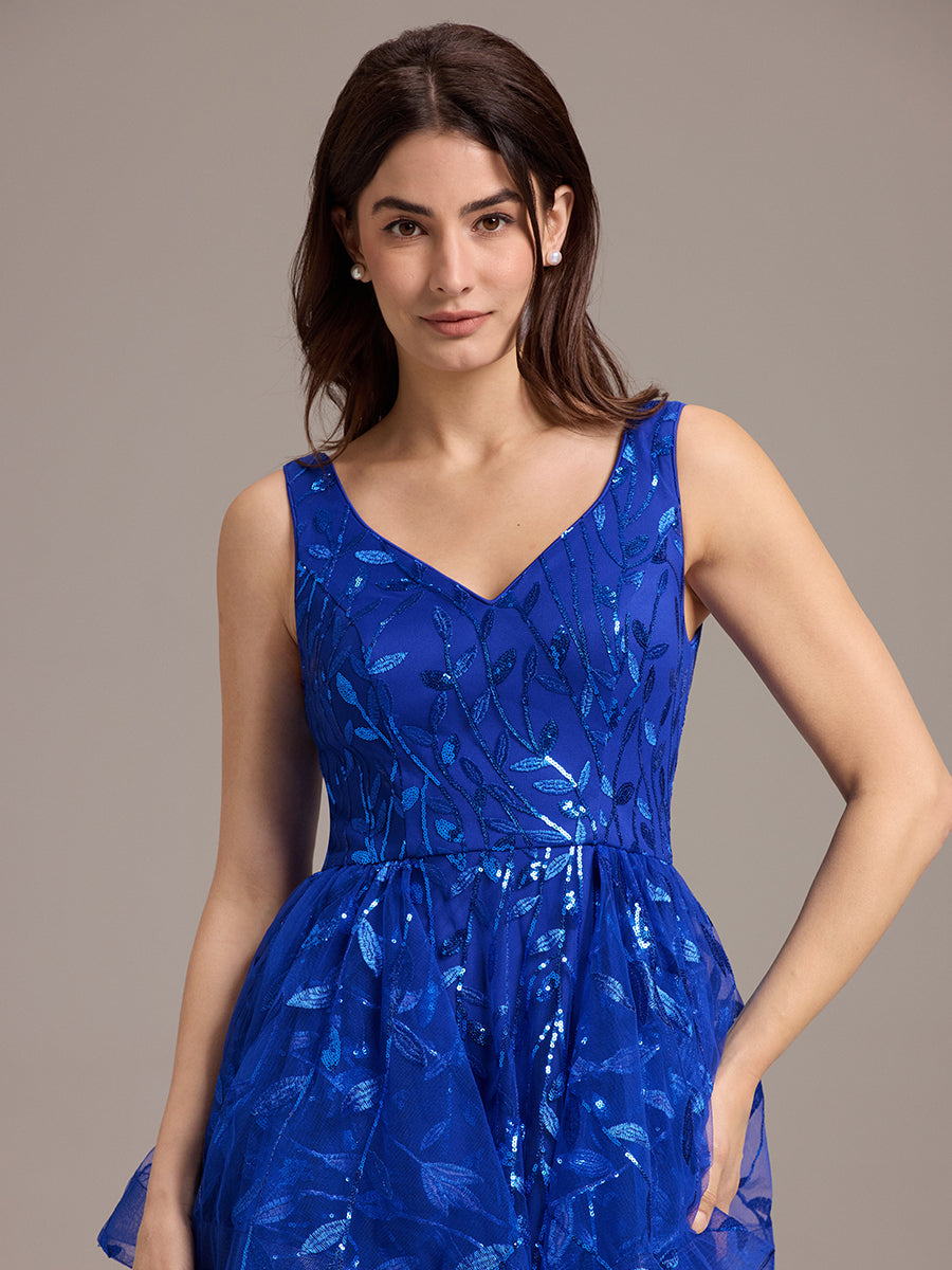 Double V-Neck A-Line Layered Sequin Formal Dress #color_Sapphire Blue