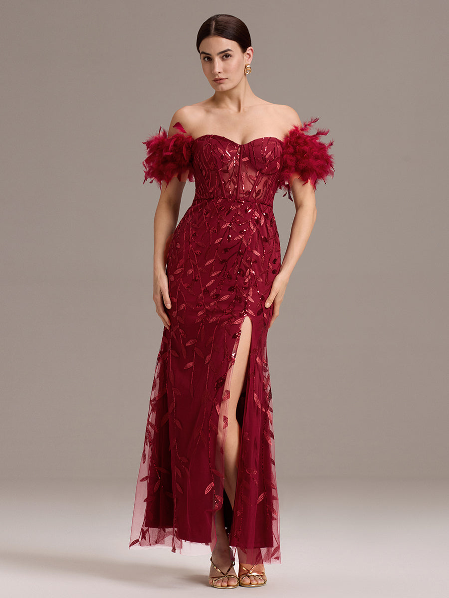 Color=Burgundy | Custom Made Strapless Floor Length Mermaid Dress with Slit & Square Neck Evening Dresses-Burgundy 1