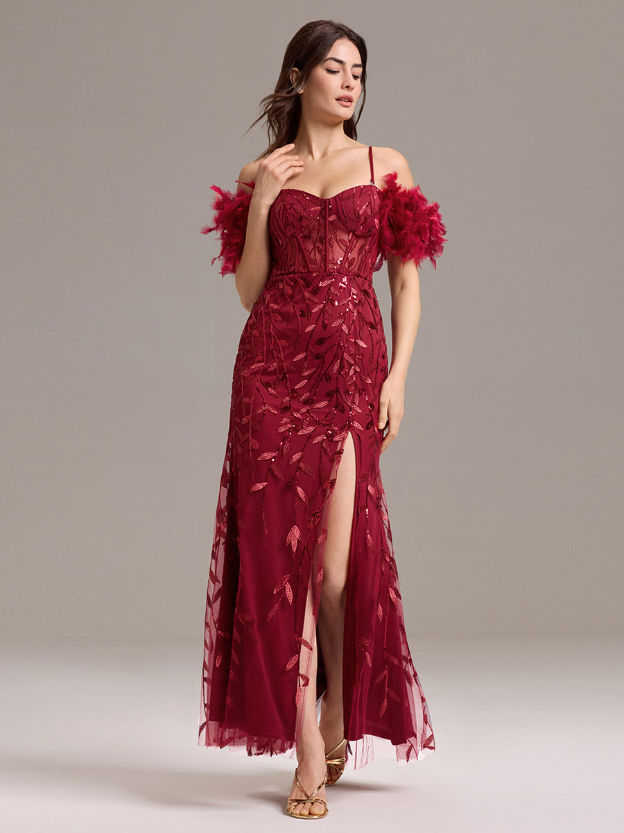 Color=Burgundy | Custom Made Strapless Floor Length Mermaid Dress with Slit & Square Neck Evening Dresses-Burgundy 4