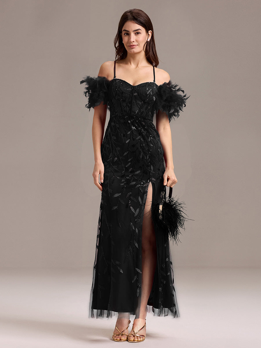Color=Black | Custom Made Strapless Floor Length Mermaid Dress with Slit & Square Neck Evening Dresses-Black 10