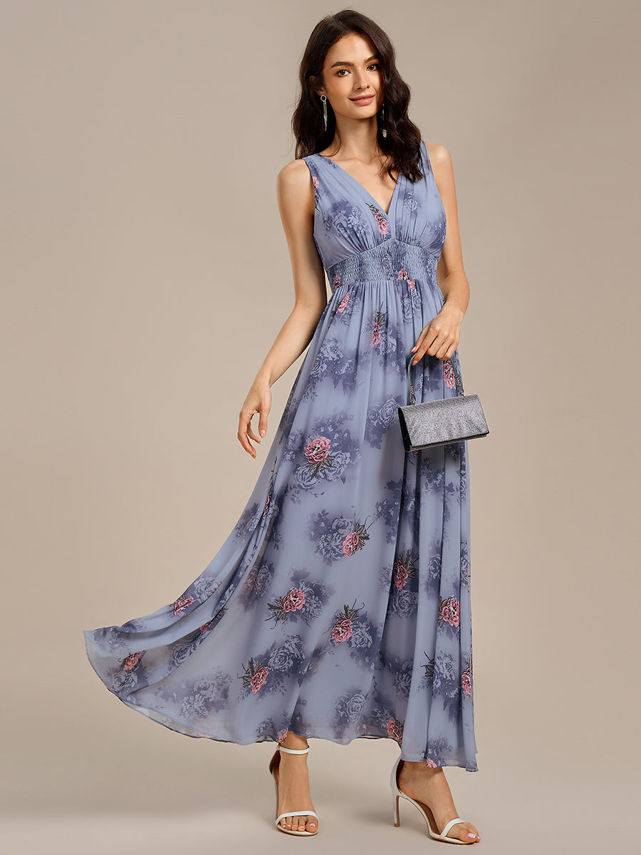 Double V Neck Empire Waist Floral Sleeveless Maxi Formal Dress #color_Dusty Peony