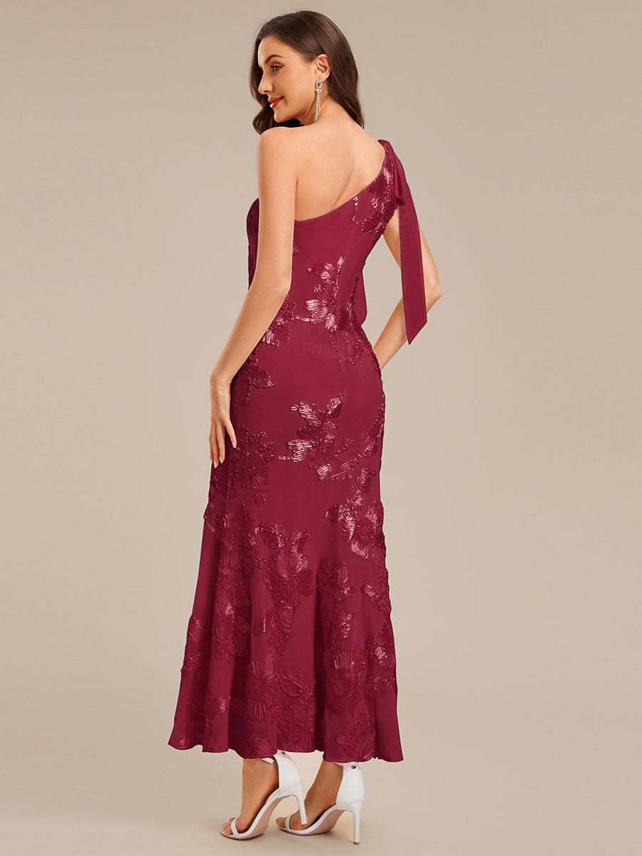 Color=Burgundy | Custom Solutions Strapless Asymmetrical Fishtail Maxi Dress with Flowing Ribbons Evening Dresses-Burgundy 2