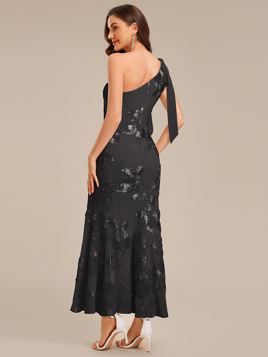 Color=Black | Custom Solutions Strapless Asymmetrical Fishtail Maxi Dress with Flowing Ribbons Evening Dresses-Black 5