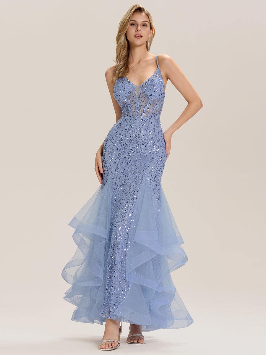 Color=Light Blue | Custom Solutions Sleeveless Deep V-Neck Beaded Fishtail Floor Length Evening Dresses-Light Blue 5