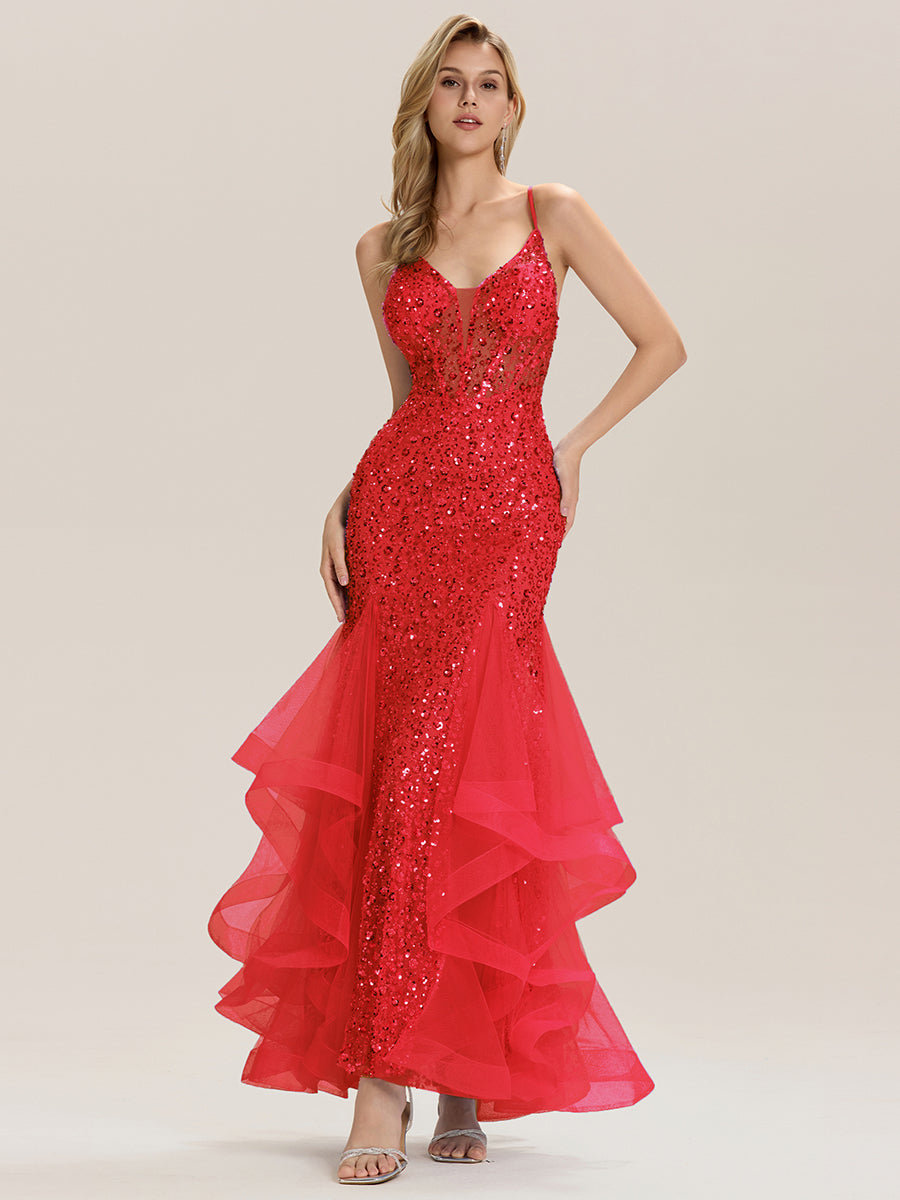 Color=Red | Custom Solutions Sleeveless Deep V-Neck Beaded Fishtail Floor Length Evening Dresses-Red 12