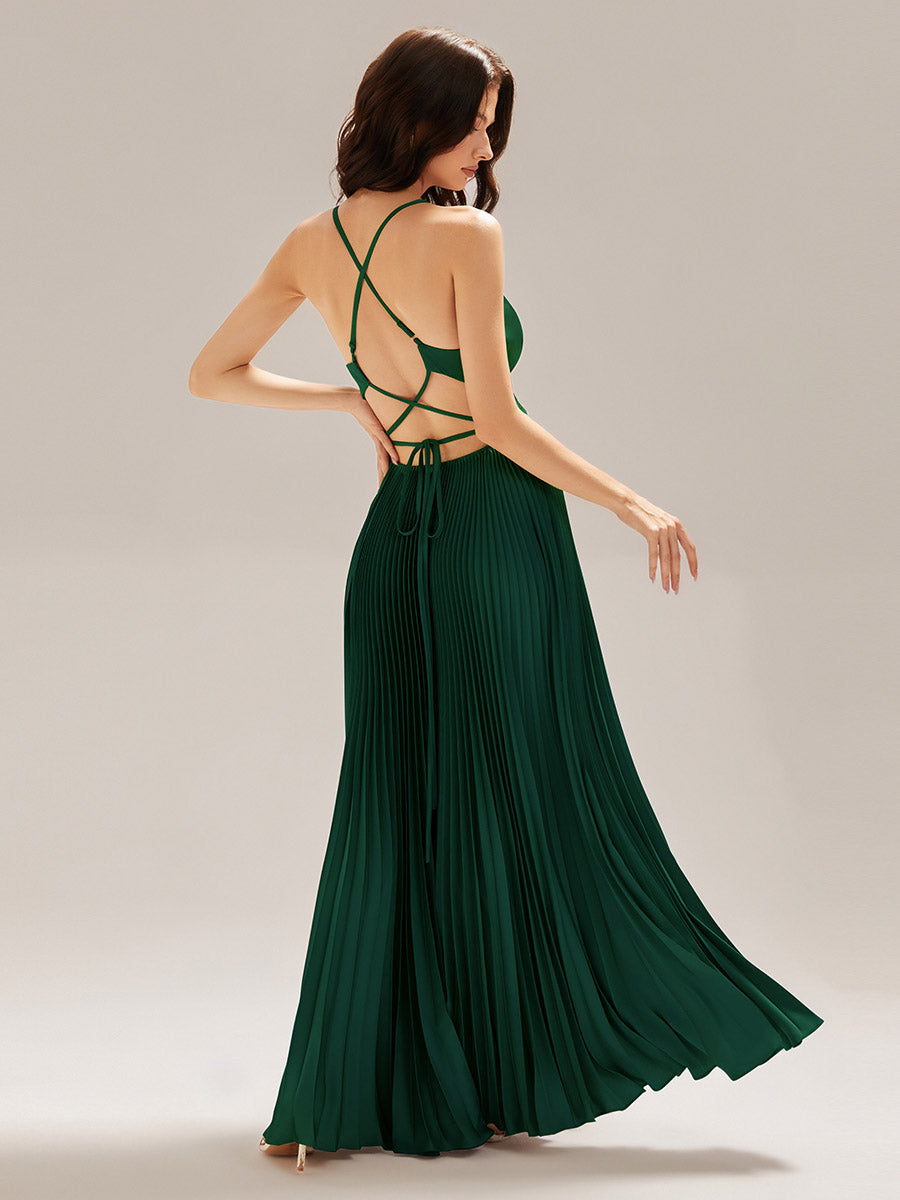 Color=Dark Green | Custom Made Sleeveless V-Neck Backless A-Line Floor Length Evening Dresses-Dark Green 2