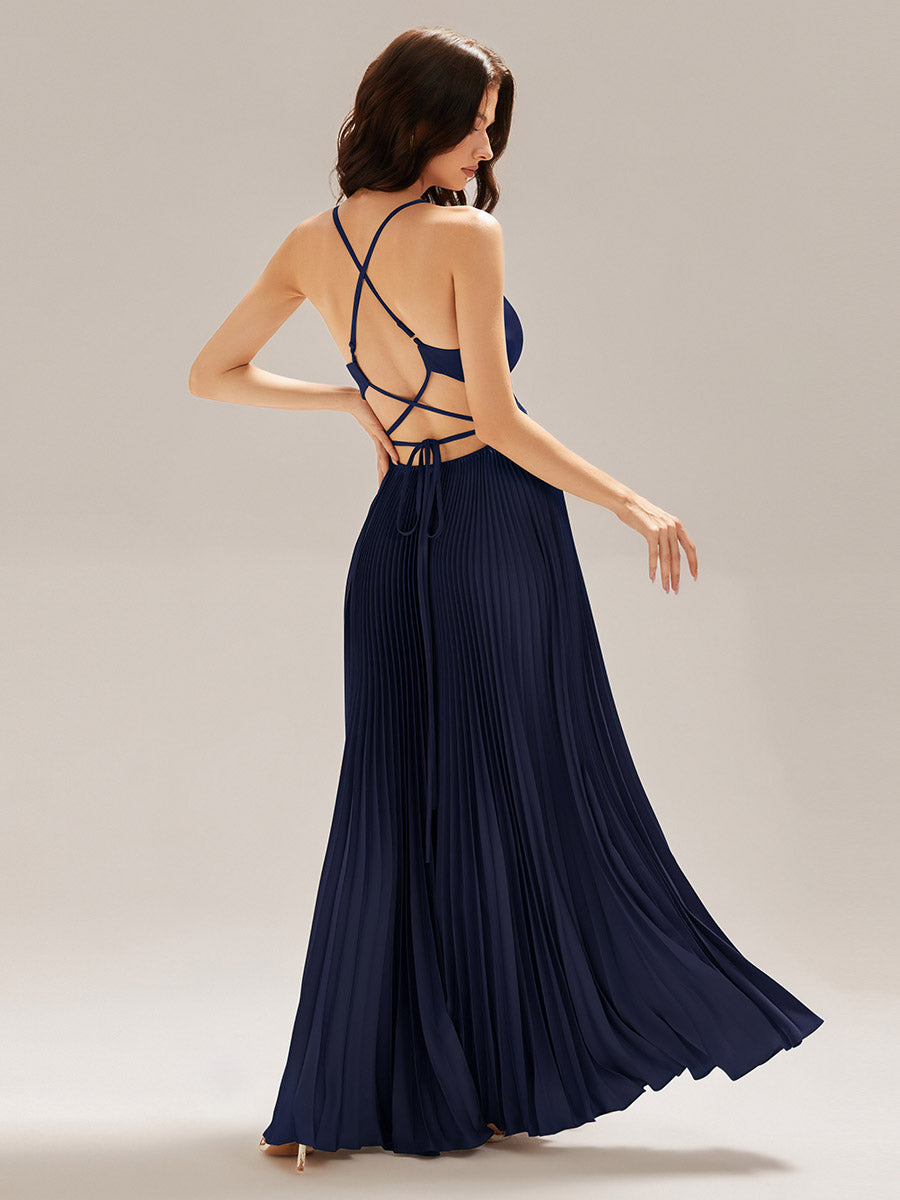 Color=Navy Blue | Custom Made Sleeveless V-Neck Backless A-Line Floor Length Evening Dresses-Navy Blue 5