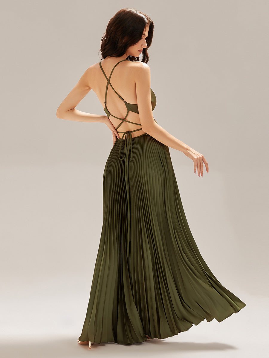 Color=Olive Green | Custom Made Sleeveless V-Neck Backless A-Line Floor Length Evening Dresses-Olive Green 8
