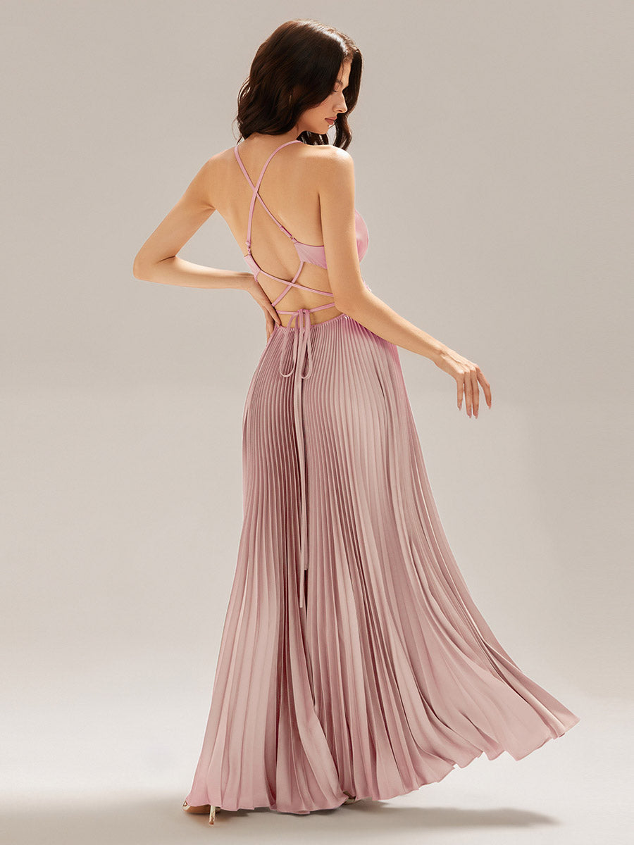 Color=Pink | Custom Made Sleeveless V-Neck Backless A-Line Floor Length Evening Dresses-Pink 11
