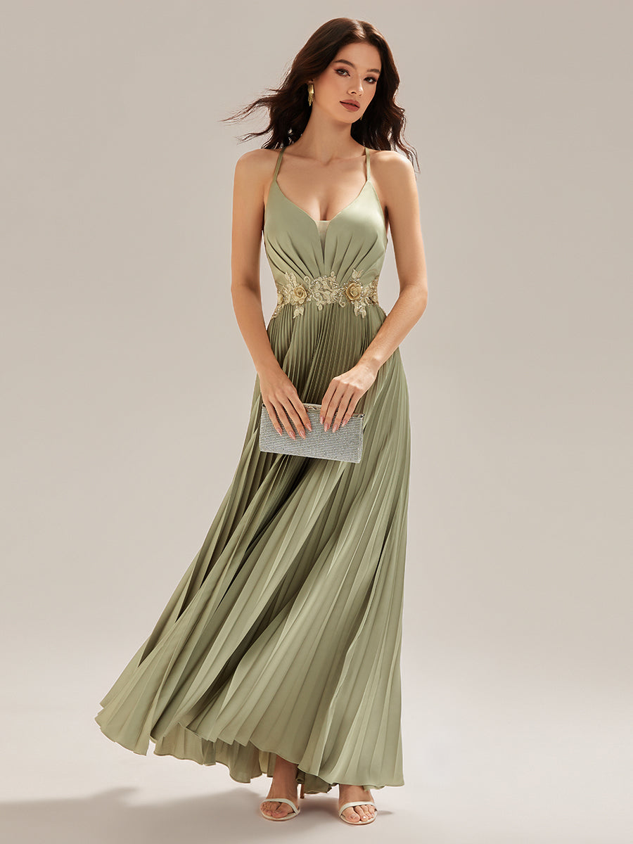 Color=Sage Green | Custom Made Sleeveless V-Neck Backless A-Line Floor Length Evening Dresses-Sage Green 16
