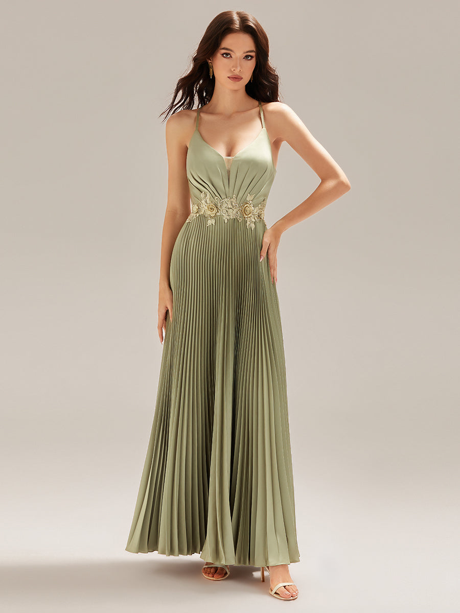 Color=Sage Green | Custom Made Sleeveless V-Neck Backless A-Line Floor Length Evening Dresses-Sage Green 17