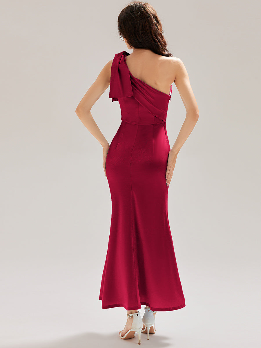 Color=Burgundy | Custom Made Slightly Stretchy One Shoulder Tie-Front Fishtail Midi Evening Dresses-Burgundy 2